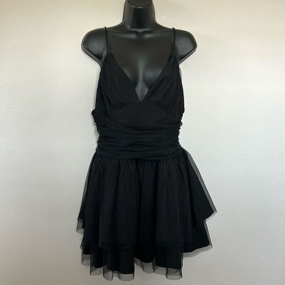Princess Polly Zlatan Black Plunge V Neck Mesh Overlay Tiered Ruched Mini Dress - Picture 3 of 11